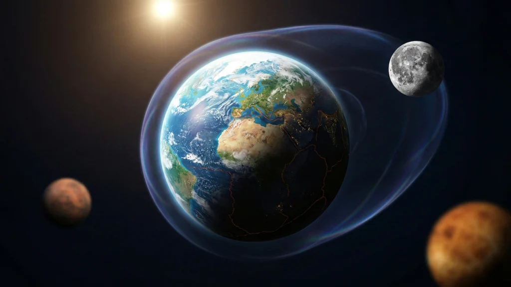 Ilustración realista del planeta Tierra con su escudo magnético y la Luna, mostrando por qué la Tierra es perfecta para la vida en el universo.